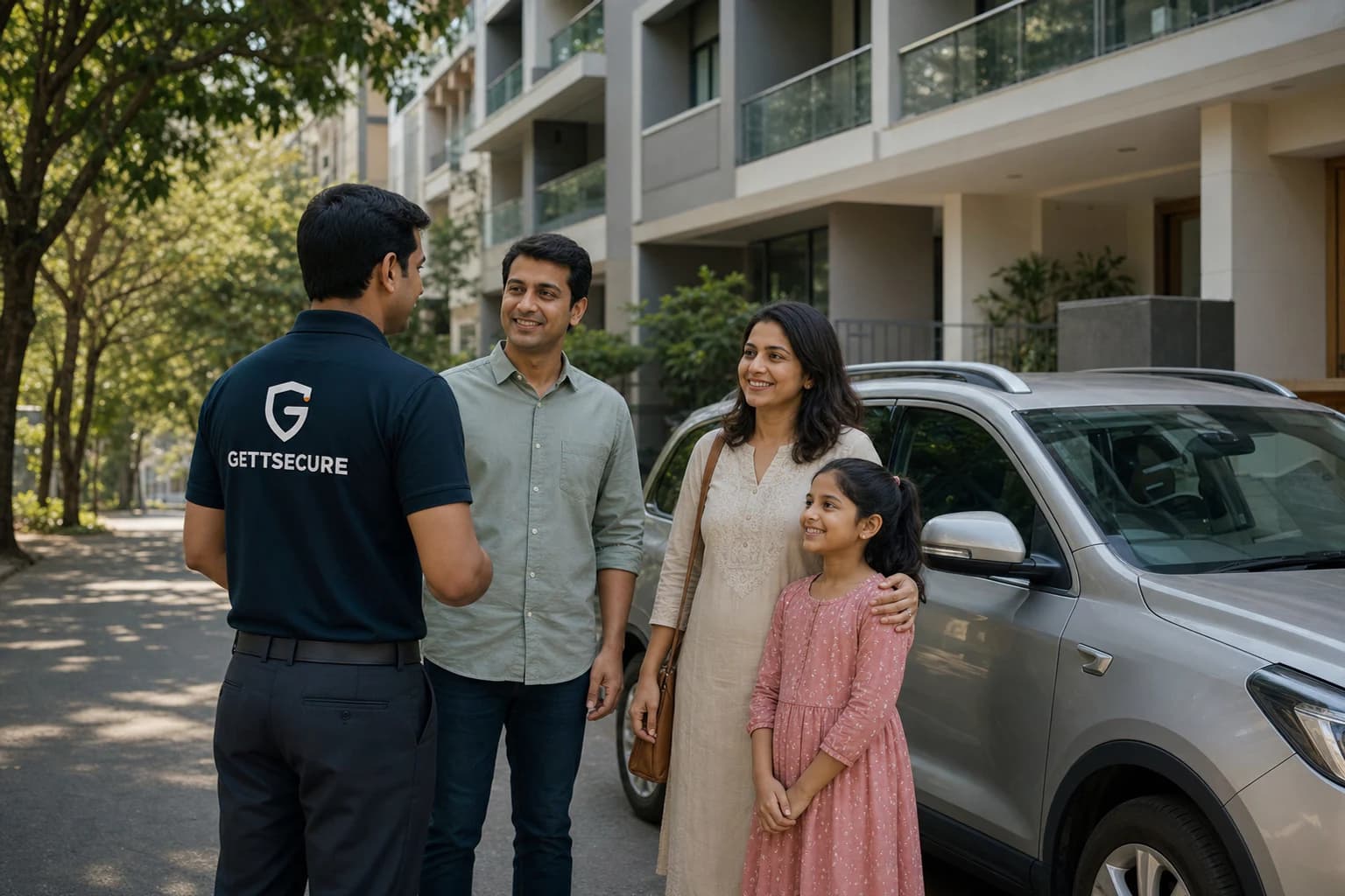 A GettSecure driver welcomes a family beside their own car.