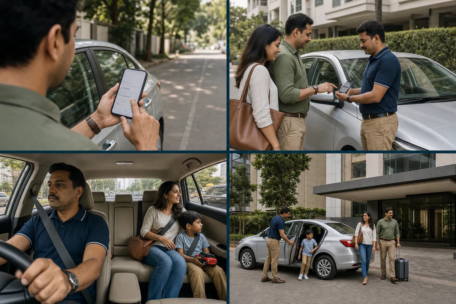 Four distinct moments showing booking, private OTP verification, the journey, and safe arrival.