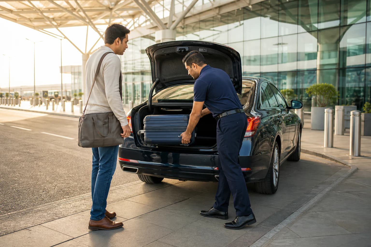 A professional driver helps a traveler with luggage at an airport departure curb.
