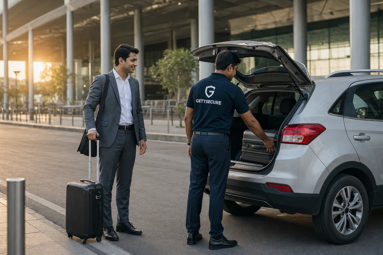 A traveler arrives at the airport in their own car with a GettSecure driver.