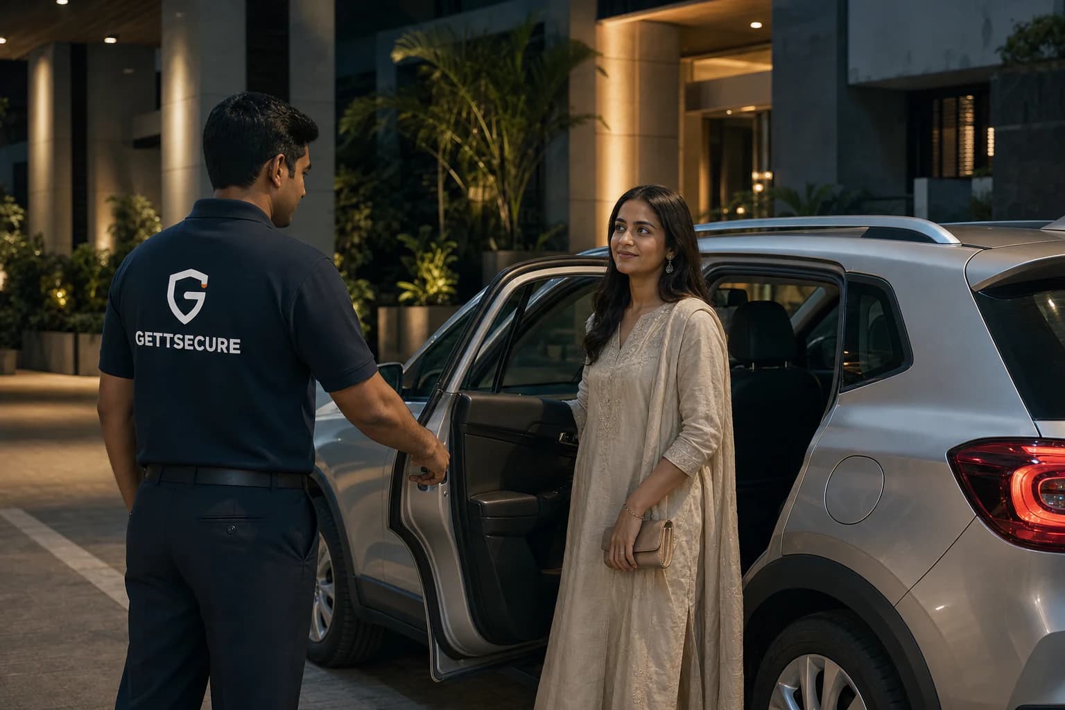 A customer leaves an evening event safely with a GettSecure driver.