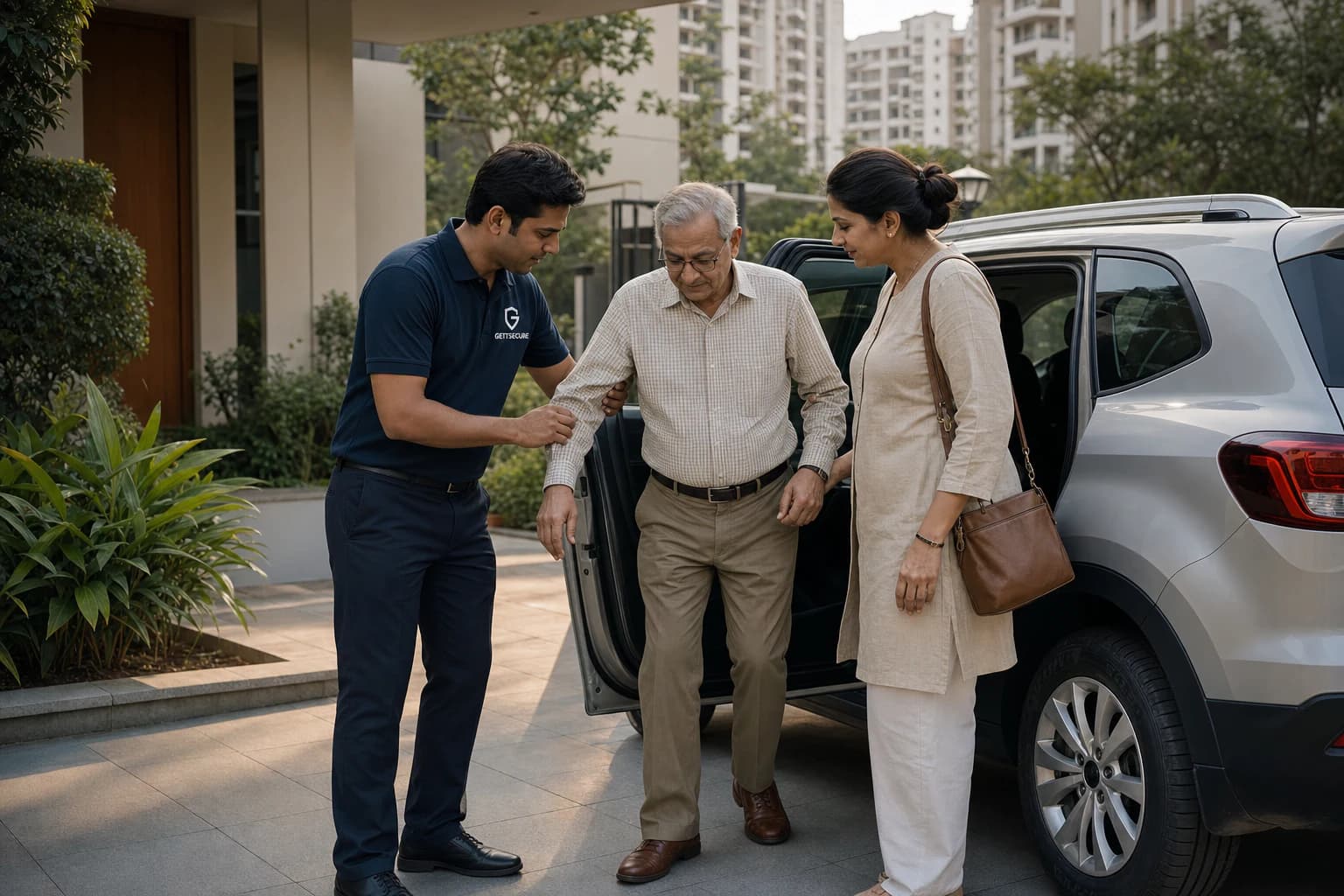 A GettSecure driver assists an older passenger beside their own car.