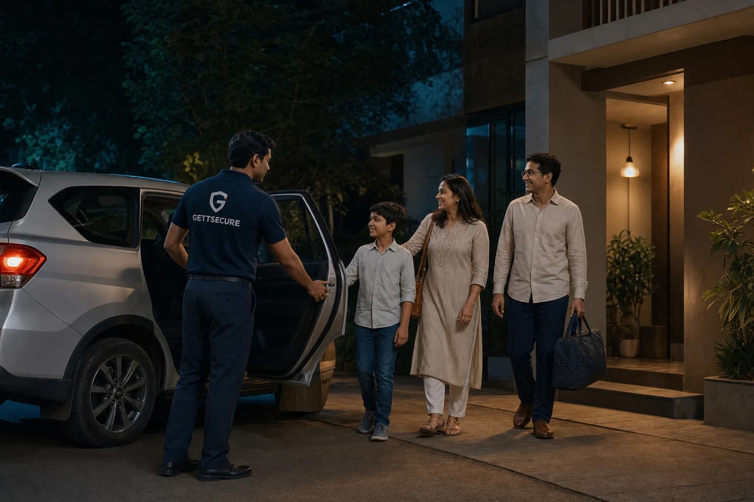 A family arrives home safely in their own car at night.