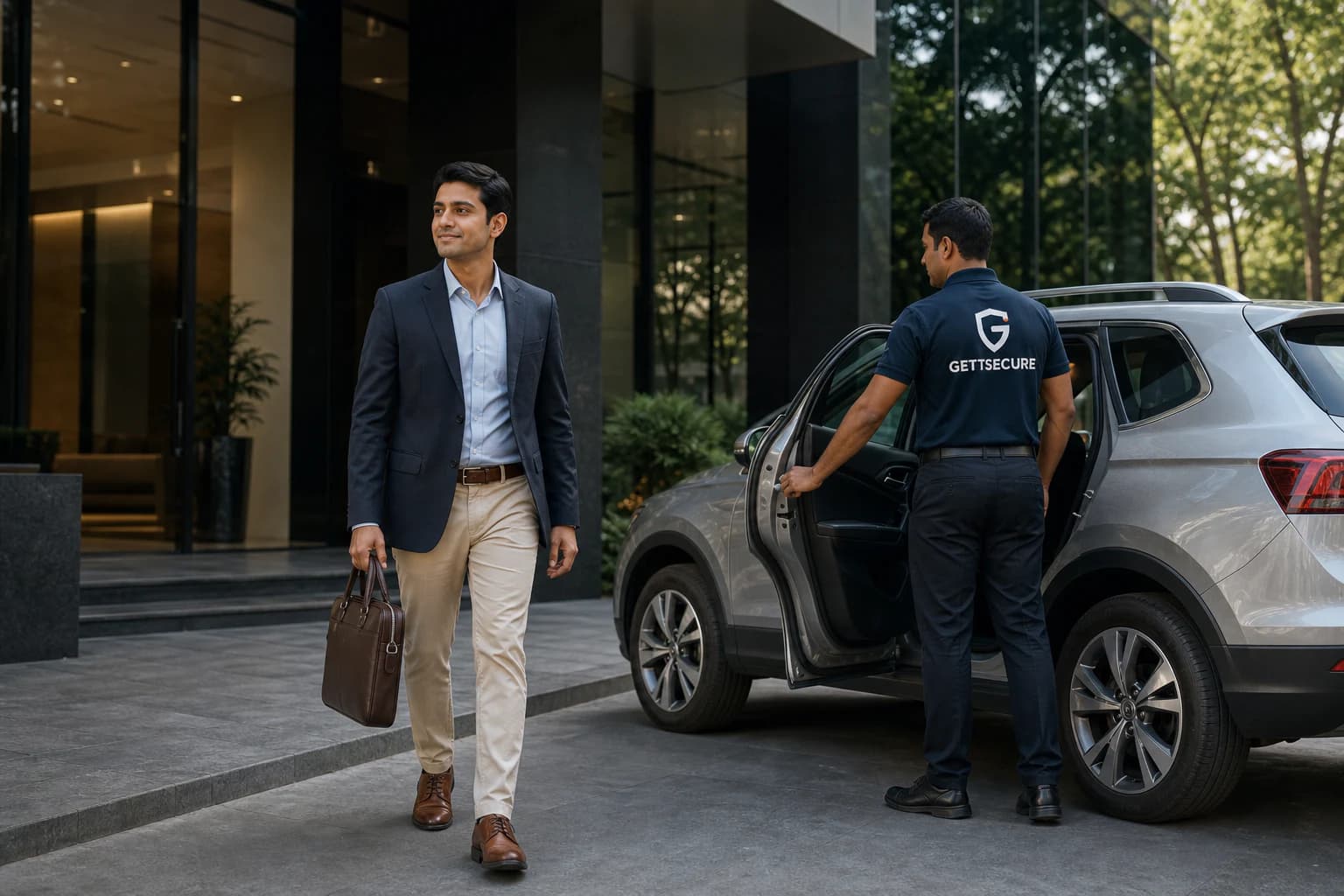A business traveler arrives with a professional GettSecure driver.
